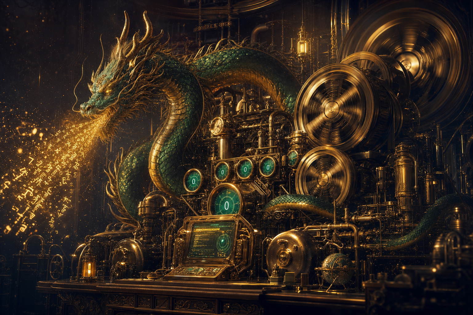 A grand brass engine room with golden flywheels and emerald gauges reading zero, powered by a jade-and-gold Chinese dragon coiled through its pipes, breathing golden code glyphs