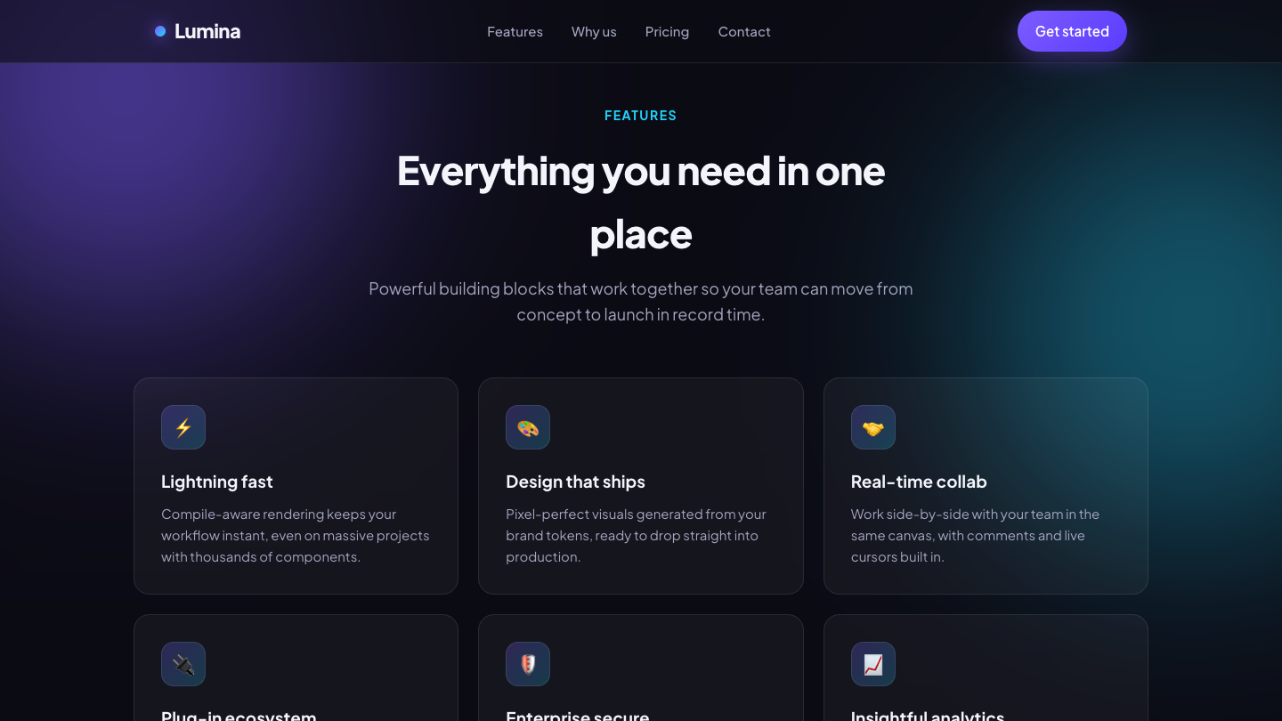 The dark-themed landing page HY3 built through Codex — gradient hero headline, sticky navigation and call-to-action buttons