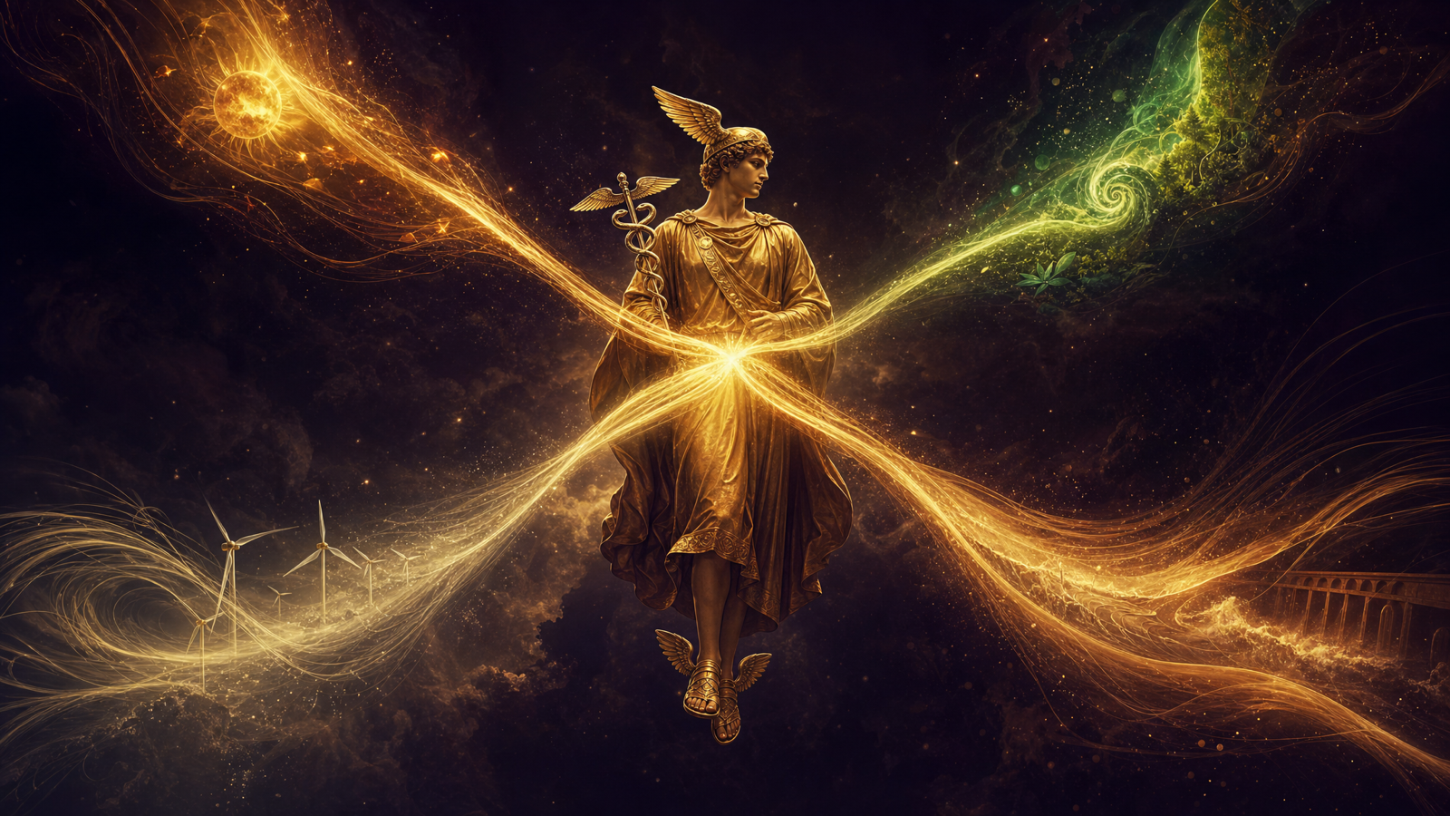 A winged messenger figure fully clothed in a long flowing golden chiton with four glowing streams of light converging into it from four directions