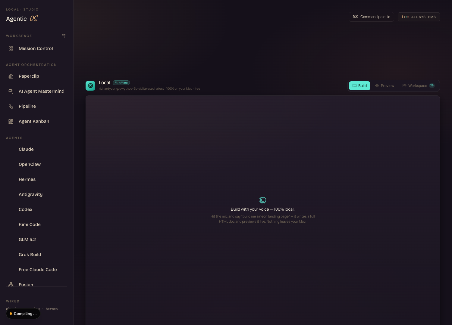 The Agent OS — a sidebar full of free and OAuth model agents: Hermes, Local, Free Claude Code, GLM, Kimi, Grok and more