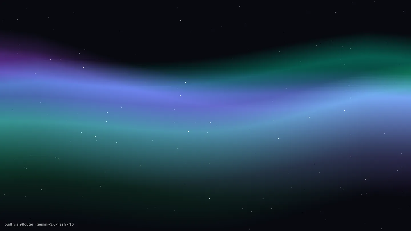 Aurora Storm — flowing teal and violet aurora ribbons over a starfield, built via the 9Router rail