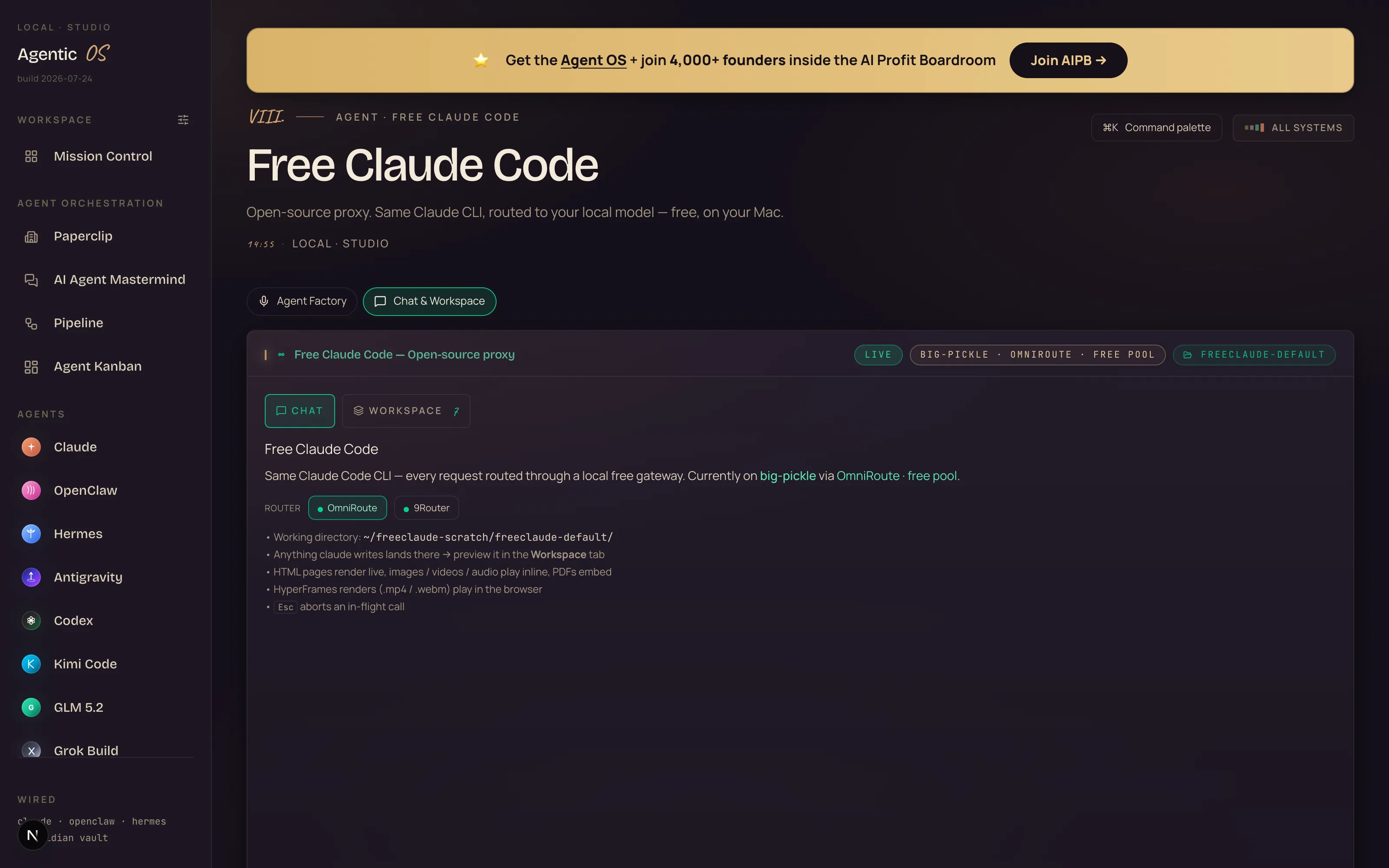 The Free Claude Code panel in the Agent OS on the OmniRoute rail — header chip reads BIG-PICKLE · OMNIROUTE · FREE POOL, with the ROUTER pill switch visible