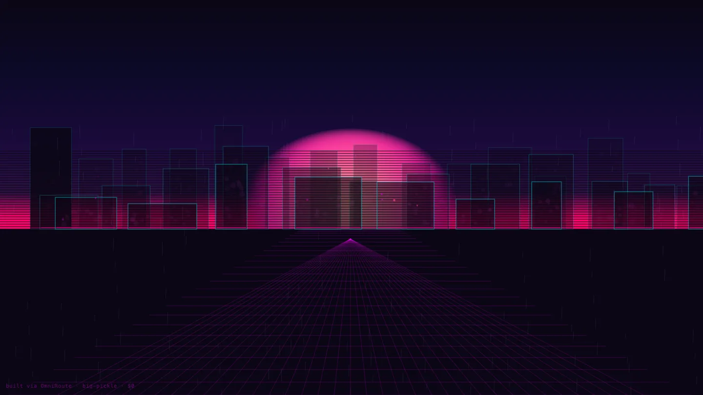 Neon City — synthwave skyline with a pink sun and scrolling grid floor, built via OmniRoute