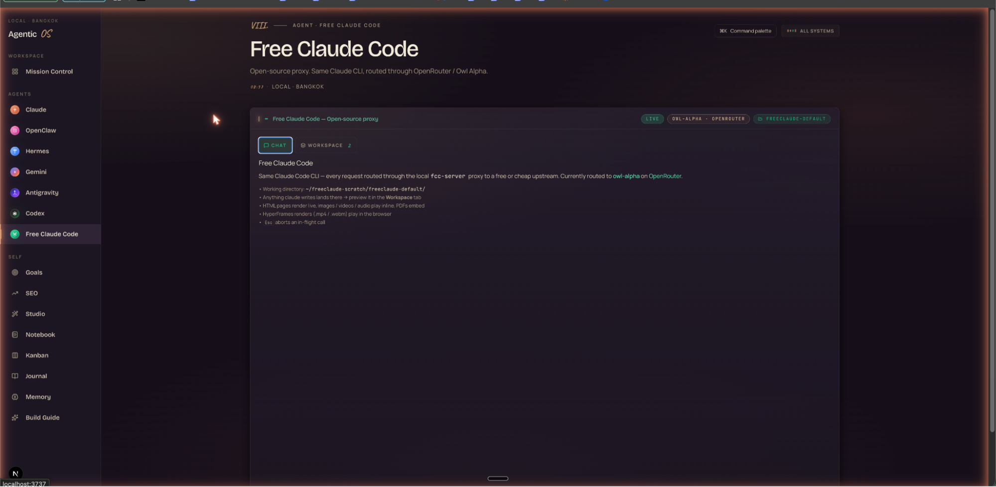 Free Claude Code Chat tab inside Agent OS