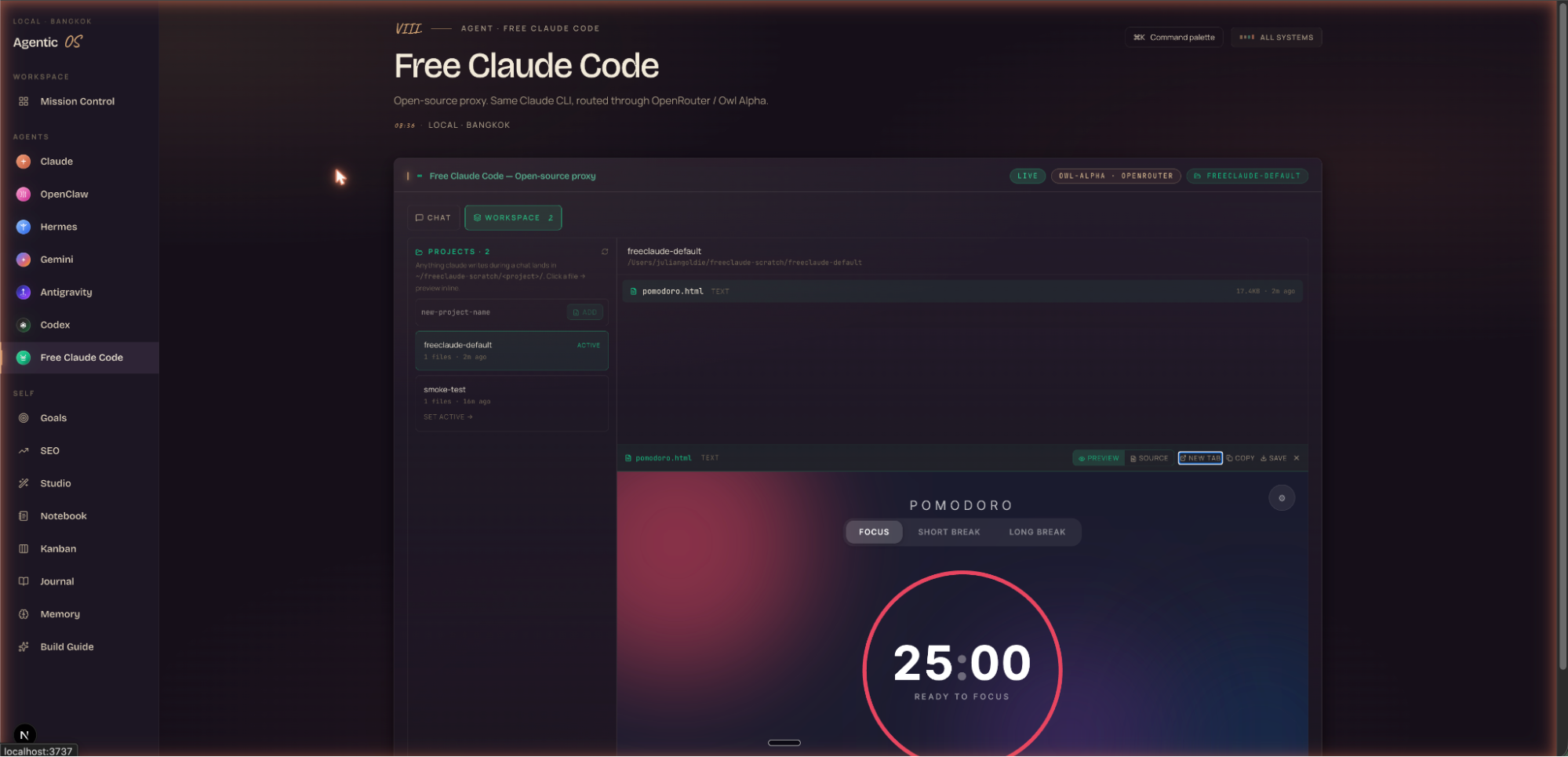 Free Claude Code Workspace tab showing a Pomodoro timer preview rendered inline