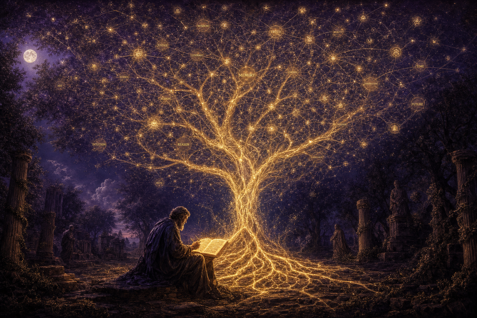Editorial illustration of a luminous knowledge tree with branches forming a vast network of glowing nodes