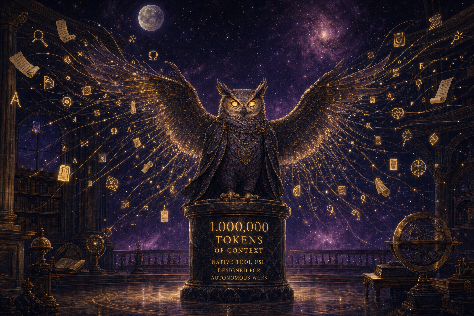 Editorial illustration of an ancient owl perched on a marble pedestal, golden light flowing from its wings