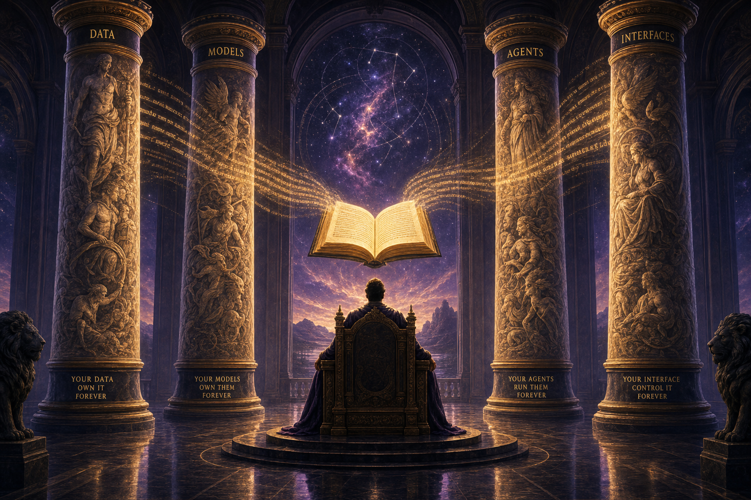 The Goldie Sovereign Stack — a throne room with four pillars representing data, models, agents, interfaces