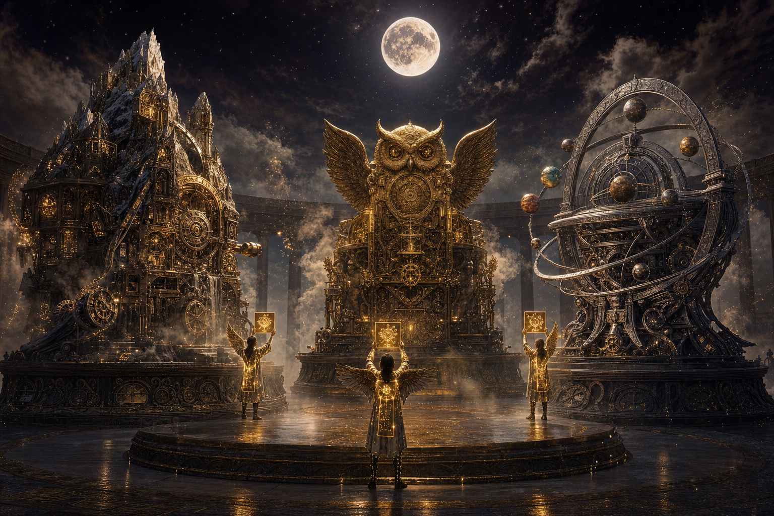 Three colossal ornate machines facing each other across a moonlit arena — a brass mountain-machine, a golden owl-crowned engine and a silver orbital engine — while fully clothed winged referees in knee-length tunics hold scoring tablets