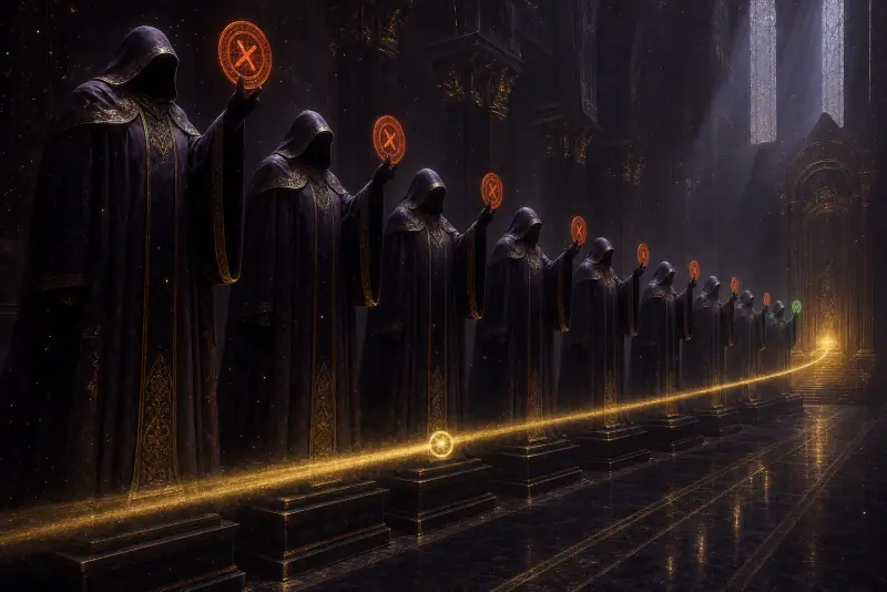 A gauntlet of towering fully-robed judges holding glowing rejection seals as a golden orb of work travels the line toward one emerald approval seal