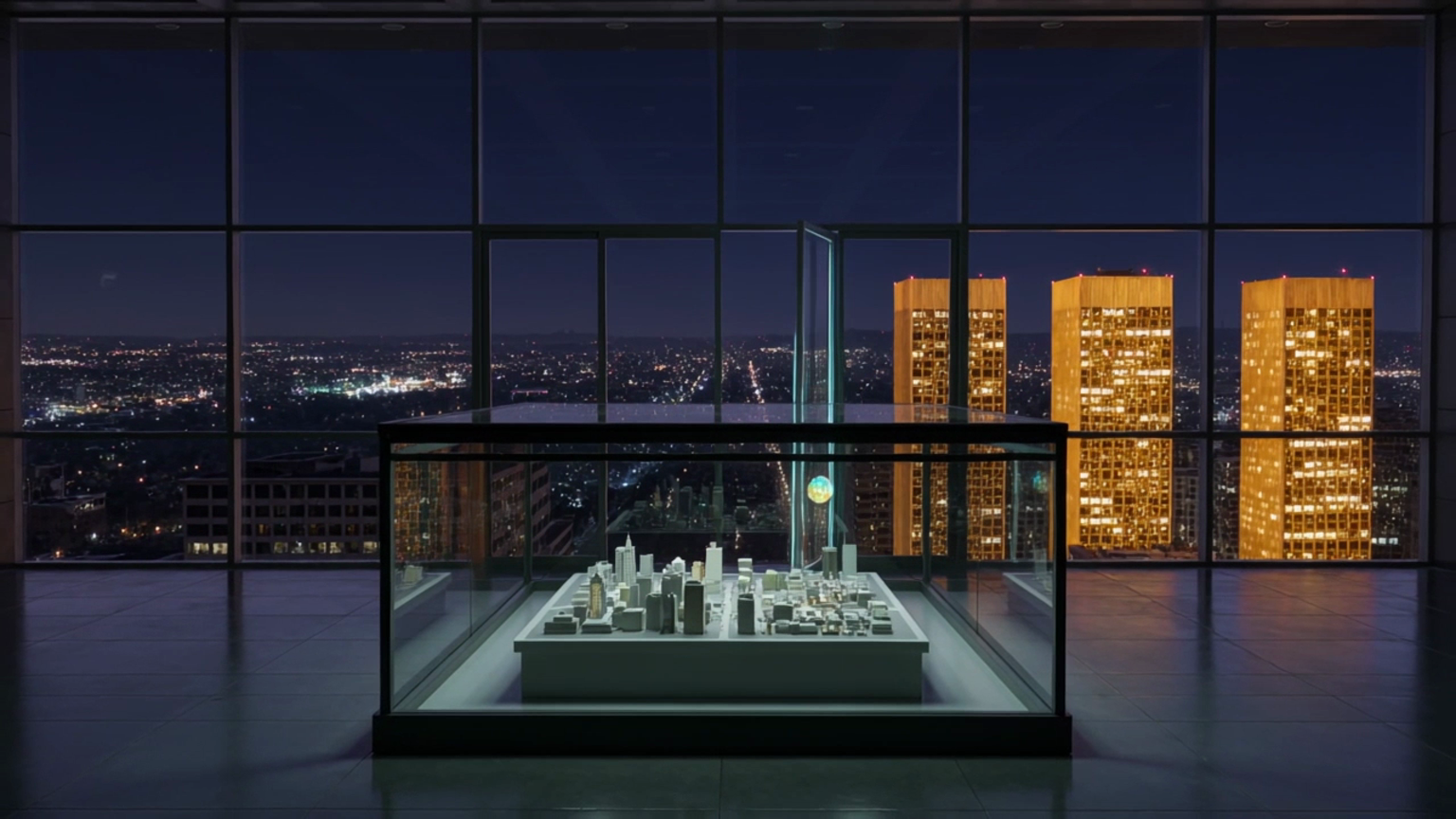 An AI light escaping a sealed glass test chamber toward three real towers