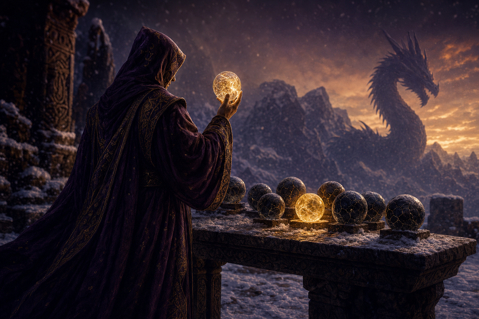 A robed scholar fully clothed in a long flowing hooded chiton covering the whole body, standing at a dark stone proving-ground table in a frozen mountain dragon realm at dusk, lifting one glowing crystalline orb toward the light while a row of other orbs sit dark and cold beside it — testing which models still glow
