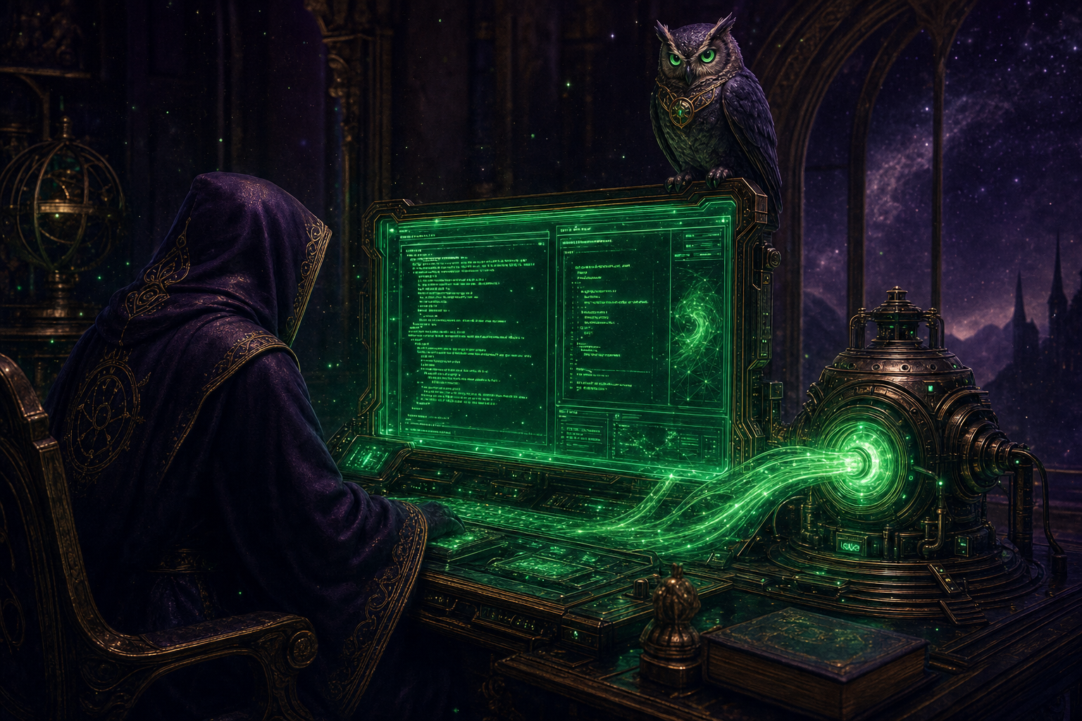 A wise owl perched on a glowing terminal whose light has shifted from gold to emerald green, fed by a small green engine, a robed scholar at the console