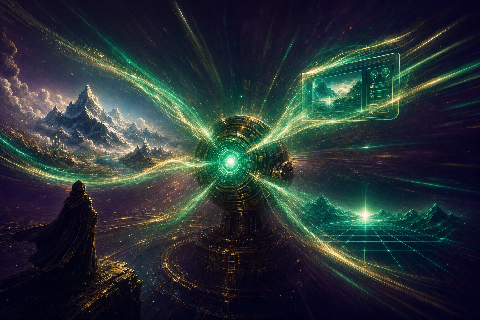 A glowing emerald engine-core radiating speed, materialising a snowy fantasy world, a UI panel and a neon grid out of streams of green light, a robed figure watching