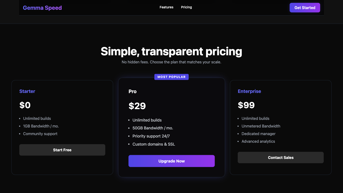 A polished dark SaaS landing page with a pricing section