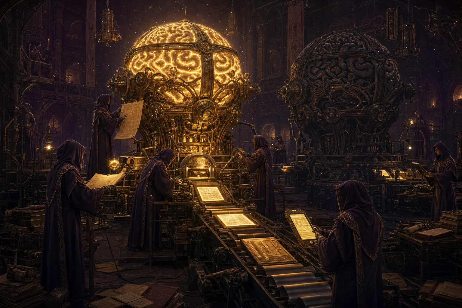 Two identical brass brain-engines, one dark and one blazing gold after a month of real work