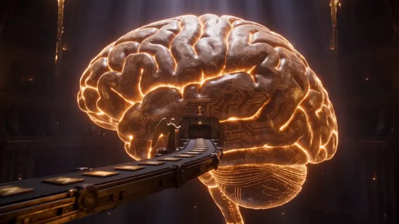 A vast bronze mechanical brain, unchanged in size, blazing with golden circuitry as orbiting training arenas pour light into it and a robed messenger feeds a conveyor of finished work