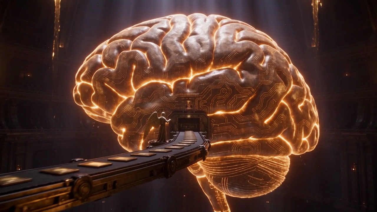 A vast bronze mechanical brain, unchanged in size, lit up by orbiting golden training arenas while a fully clothed robed messenger figure in a long flowing chiton feeds a conveyor of finished work tablets.