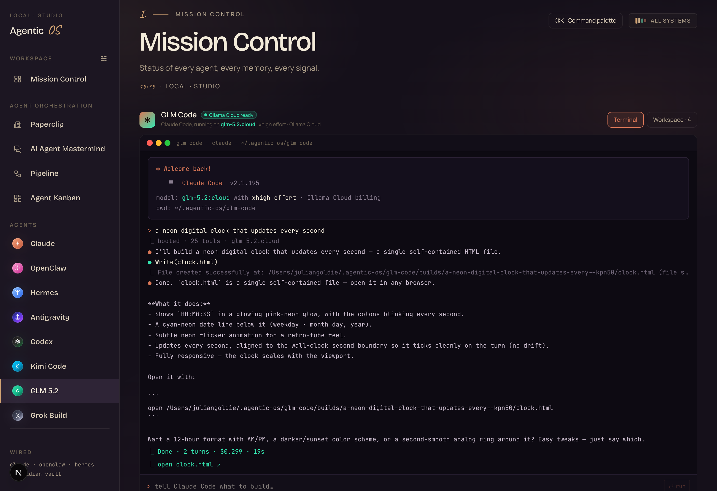 The GLM Code terminal in Agent OS — a real Claude Code session running on GLM-5.2, writing a clock app