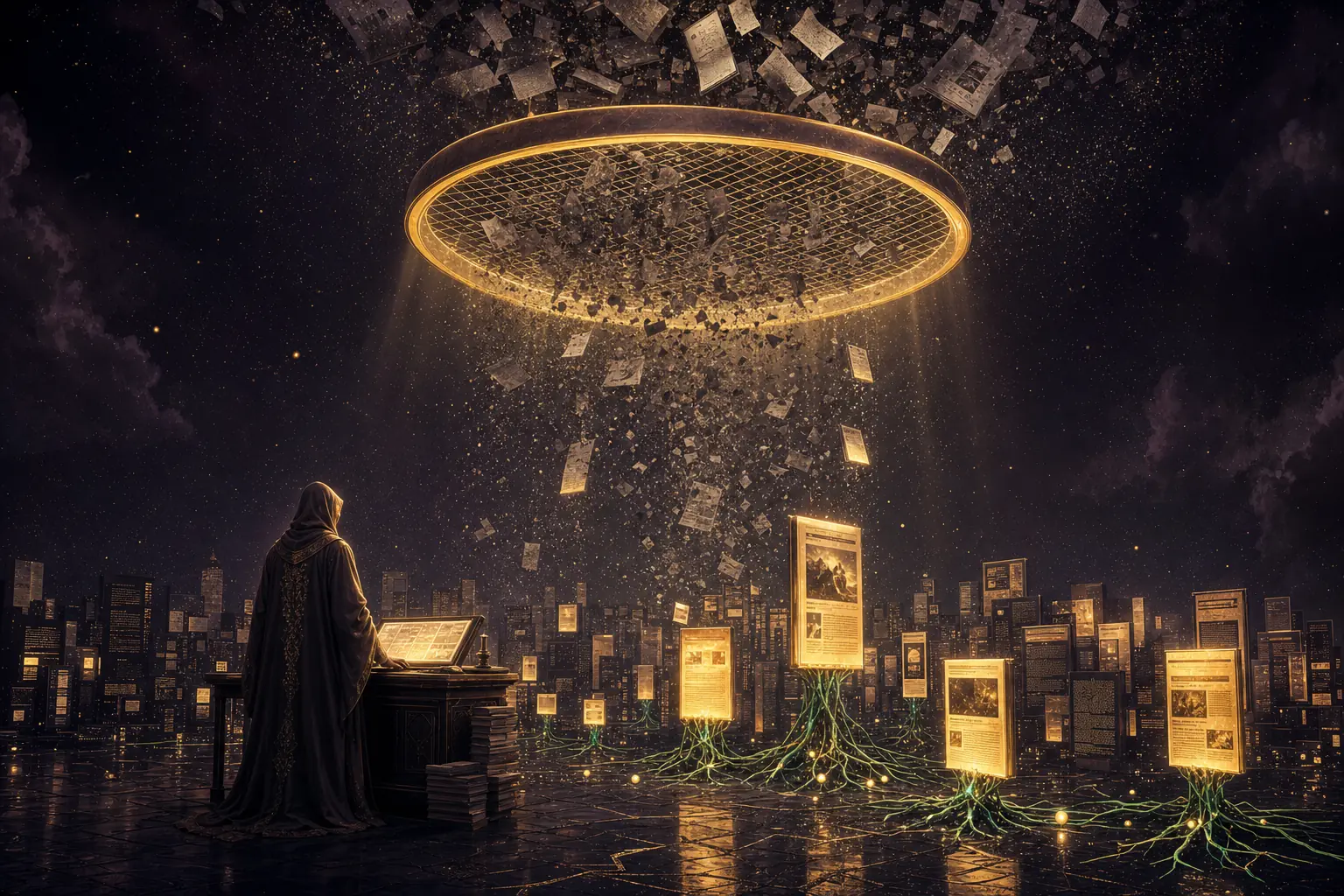 A colossal golden sieve above a city of website pages: grey junk pages dissolve through it while gold-lit pages stand firm, a robed scholar fully clothed in a long hooded robe watching from a desk