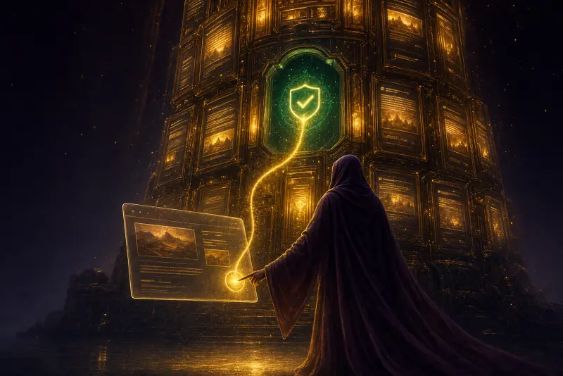 A fully-clothed robed figure pressing a glowing golden button on a floating website card, wiring it into a colossal golden answer-machine with an emerald trust seal