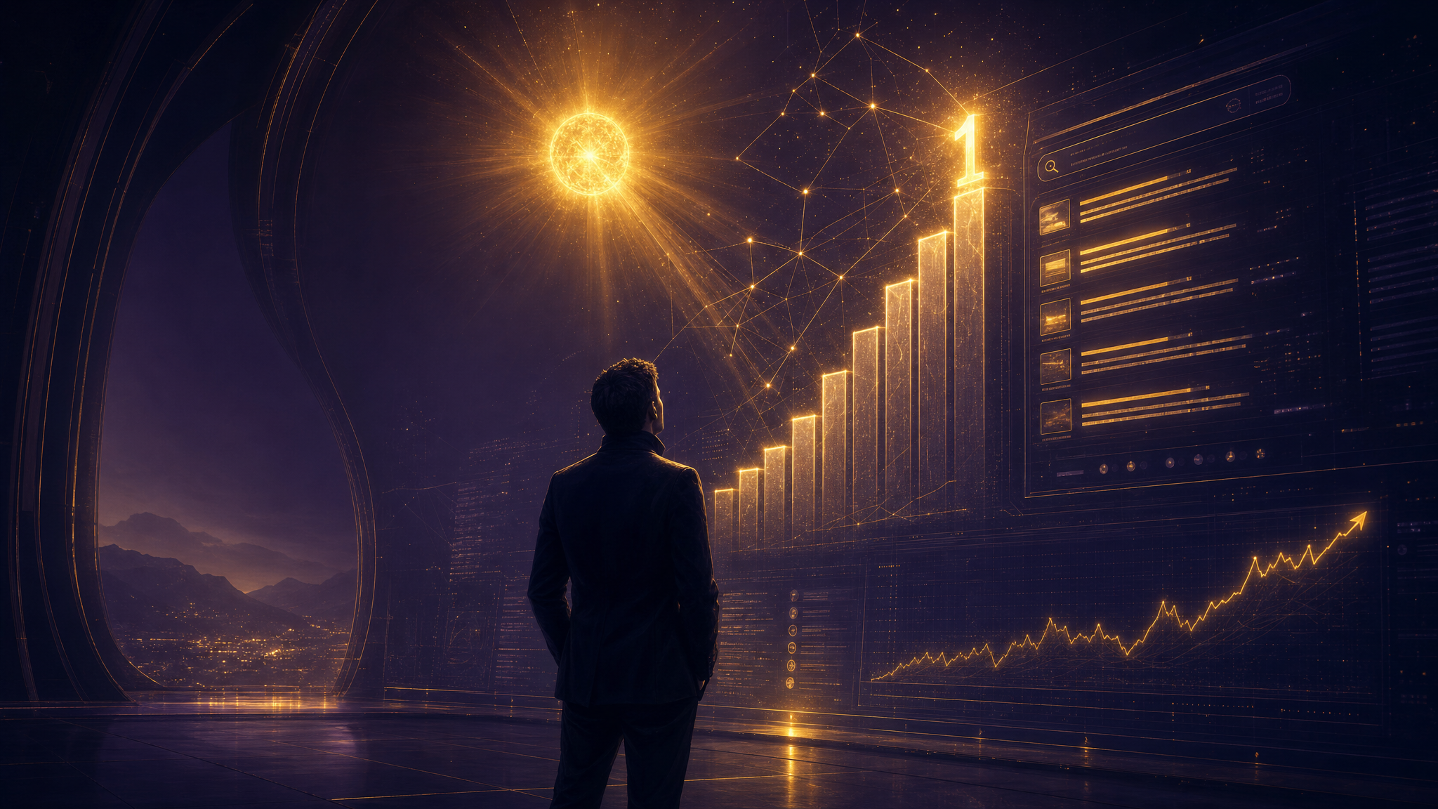 An operator looking up at a glowing bar chart of search rankings climbing to a golden number one, lit by a blazing sun, beside a search-results panel and a rising trend line