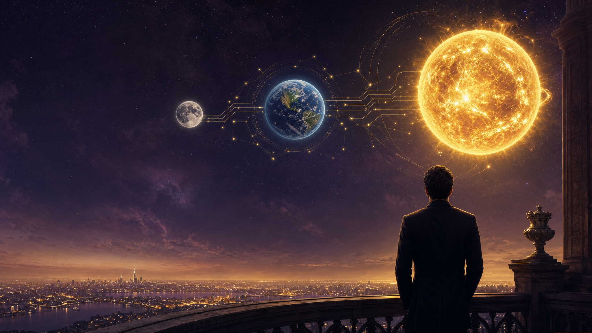 An operator on a balcony over a glowing night city, looking up at a small silver moon, a blue earth, and a large blazing sun connected by golden circuit filaments — Luna, Terra and Sol