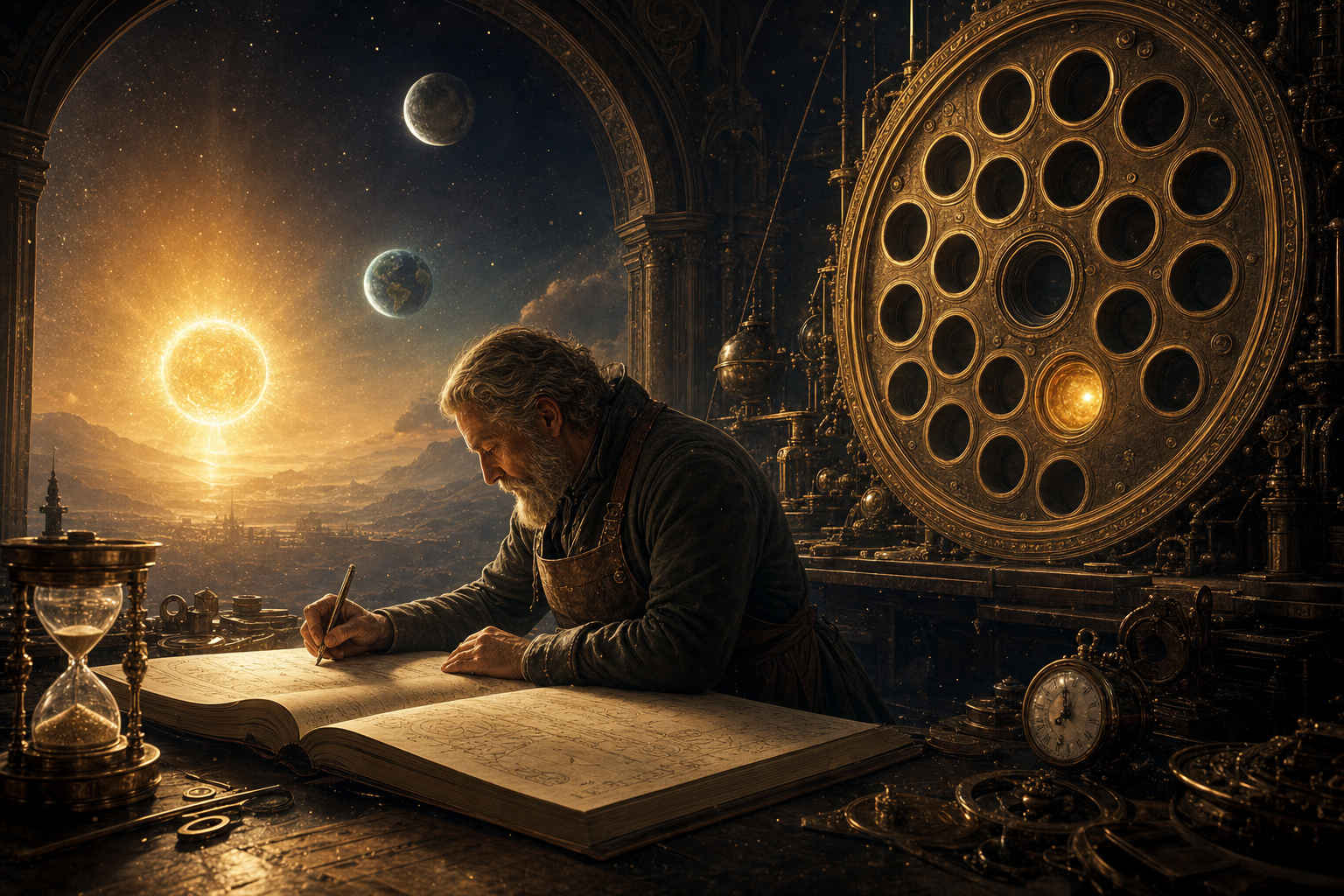 A craftsman in a workshop coat writes in a huge ledger beside an hourglass and stopwatch, as a golden sun, earth and moon rise, and a brass machine with empty sockets waits for a glowing orb