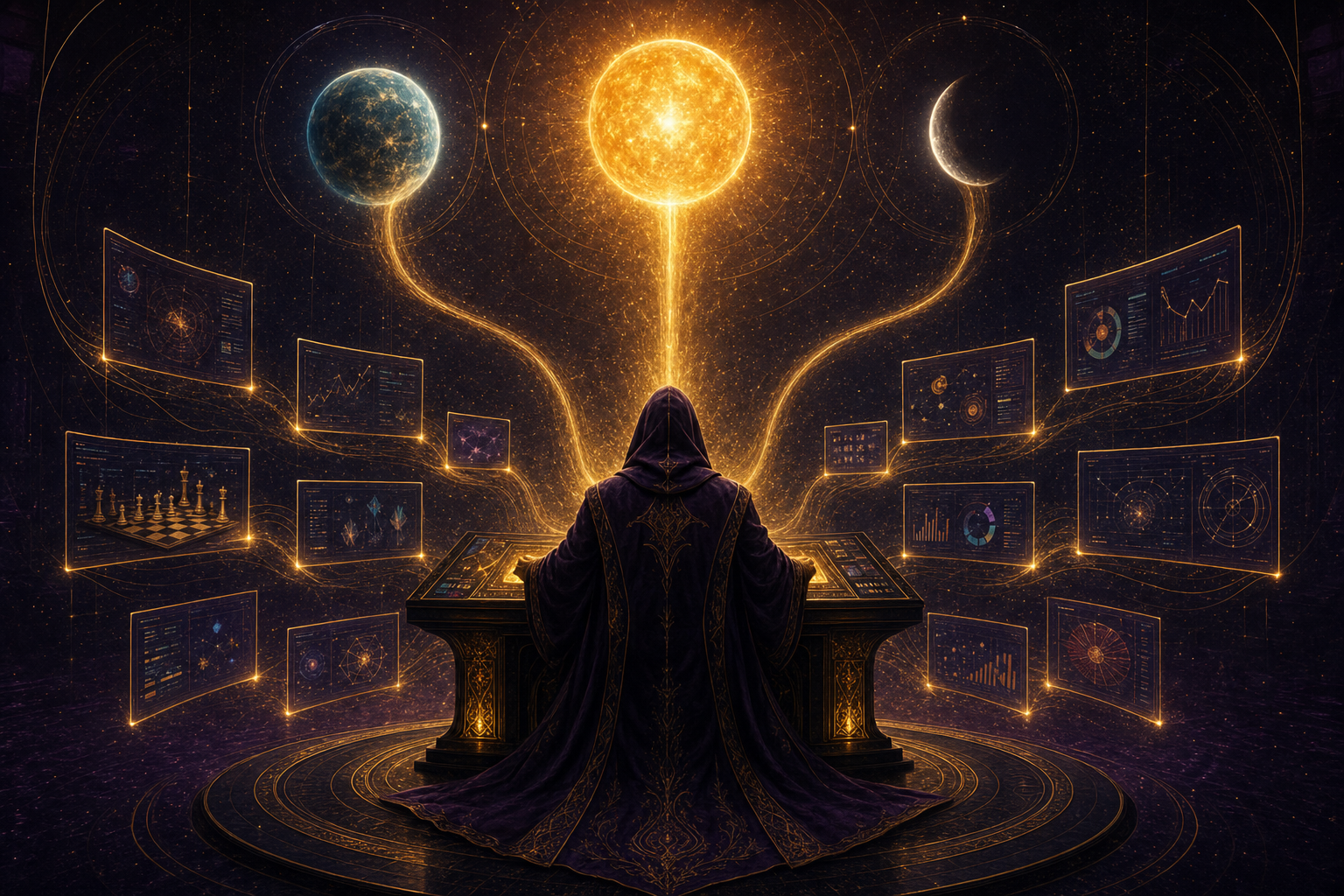 A robed operator fully clothed in a long flowing hooded robe seated at a glowing command console, three celestial orbs — a golden sun, a blue-green planet and a silver moon — feeding light down into a constellation of floating dashboards and games