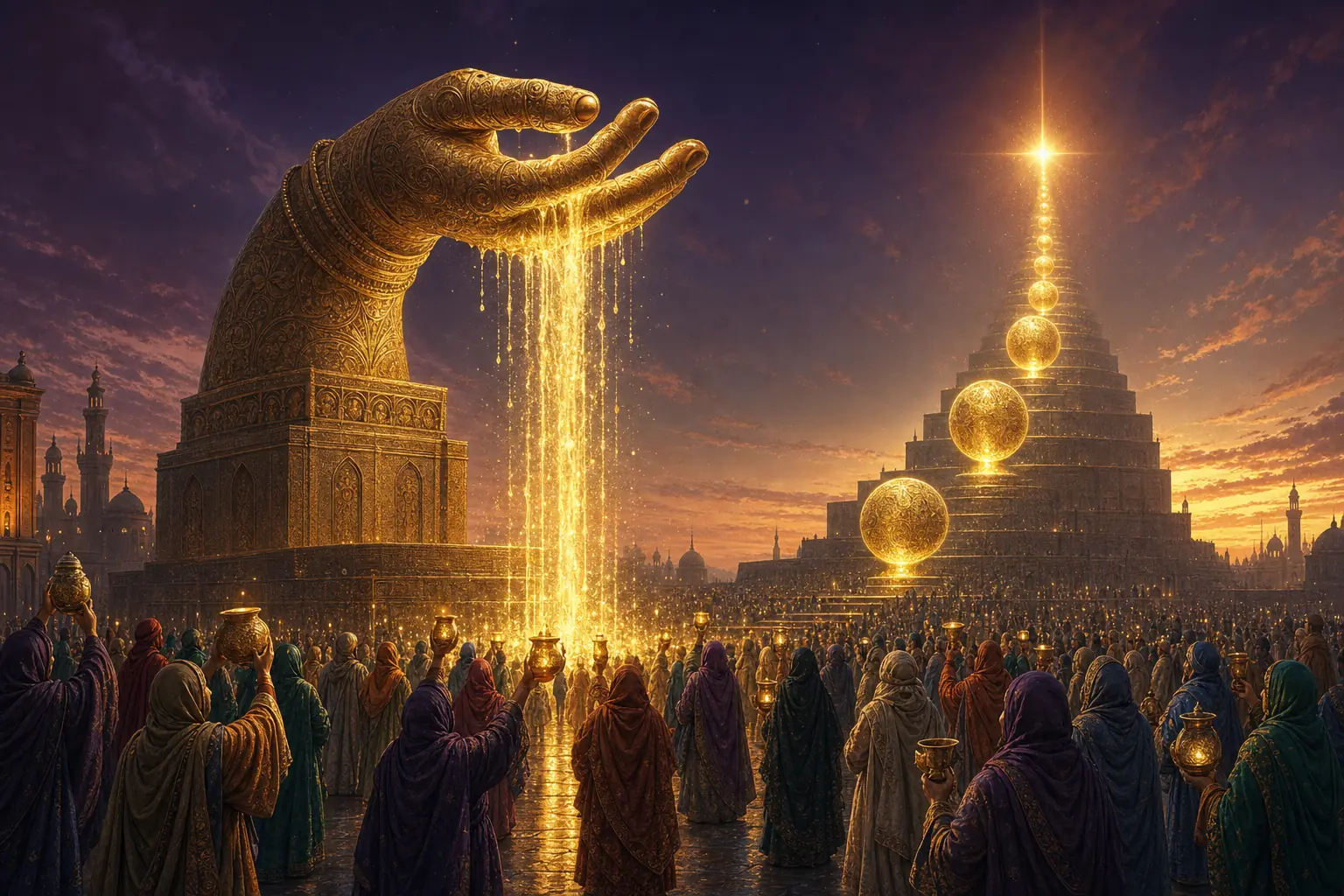 A colossal golden hand fountain pouring light to a robed crowd holding up cups, with a staircase of glowing model orbs descending toward them