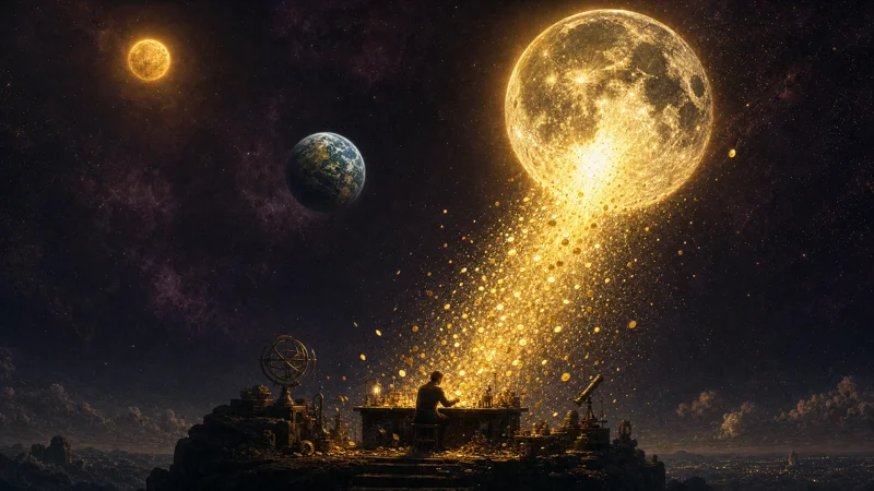 A dim golden sun, a blue-green earth, and a blazing moon pouring golden coins down onto a tiny builder's desk