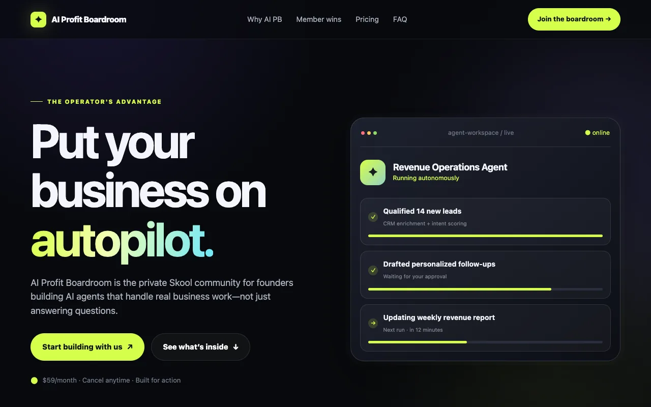 Luna's landing page: split hero with live agent workspace card showing running tasks