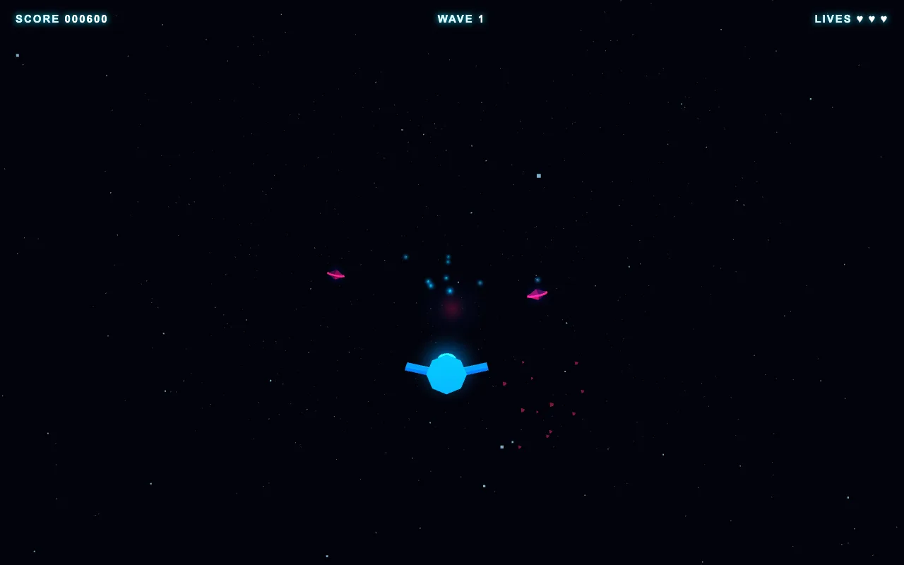 Luna's space shooter mid-play with glowing player ship