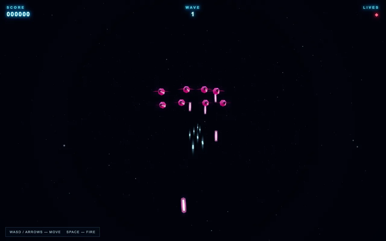Sol's space shooter mid-play with enemy formation and lasers