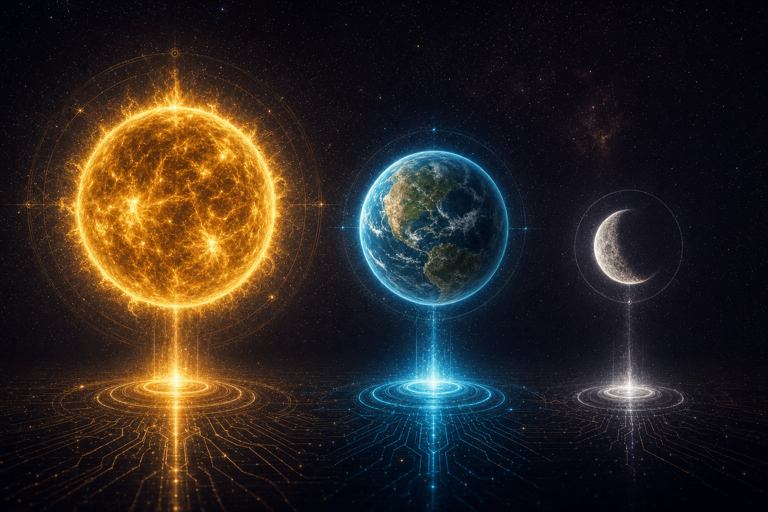Three glowing celestial orbs against midnight space: a blazing golden sun, a blue-green planet, and a silver crescent moon