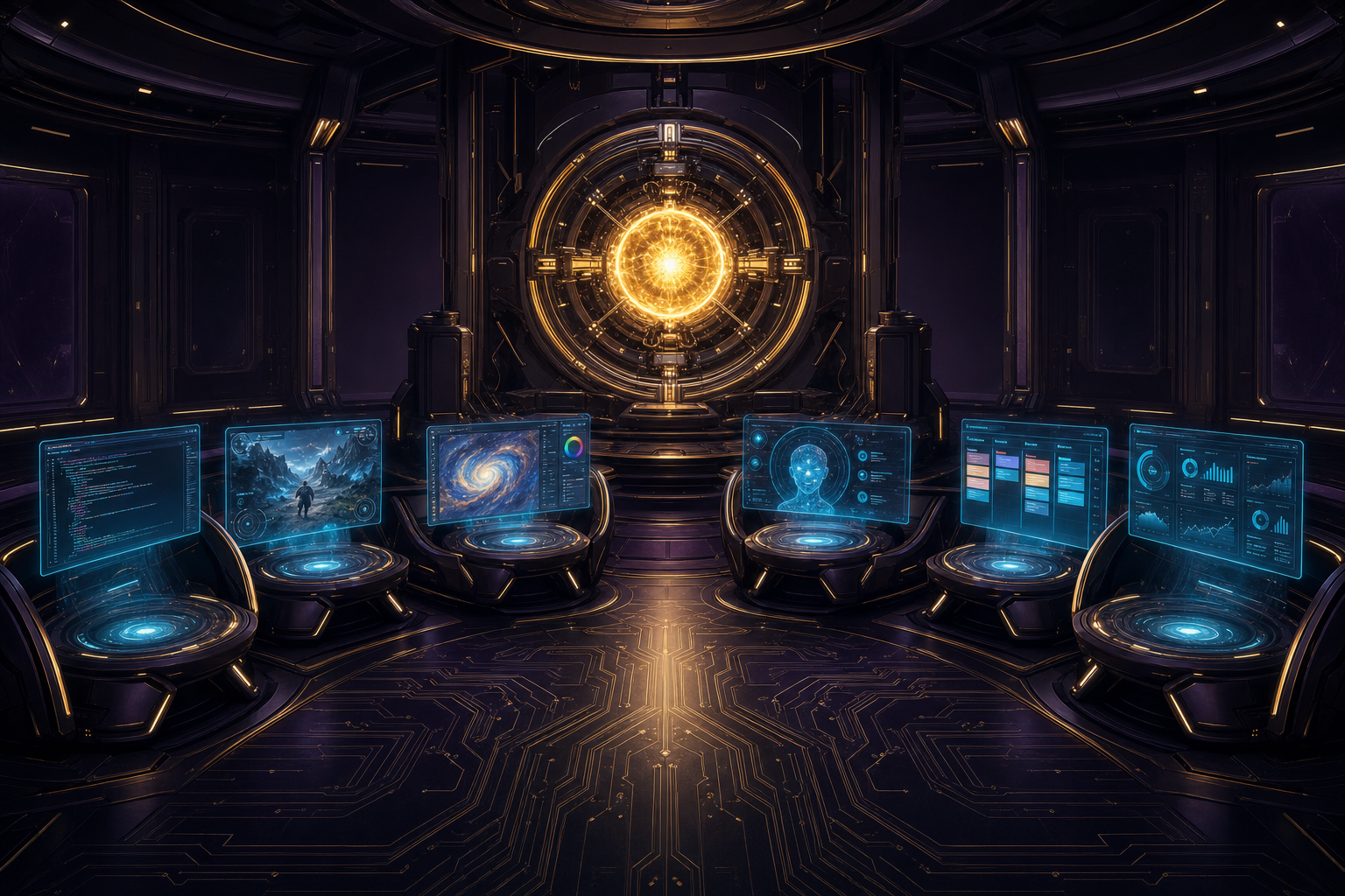 A glowing golden sun-core engine in a dark command room with six holographic work stations projecting code, a game, a galaxy, an agent, boards and charts