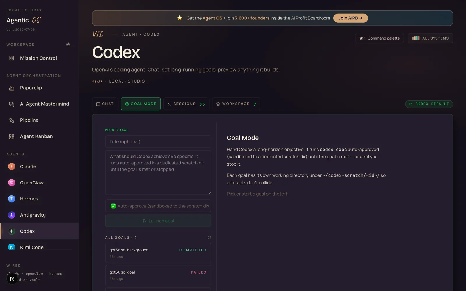 Goal Mode in the Agent OS Codex tab: a new-goal form with auto-approve sandbox checkbox, and a goal list showing gpt56 sol background COMPLETED