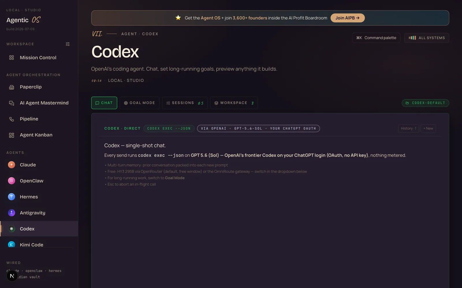 The Agent OS Codex tab: single-shot chat running codex exec on GPT-5.6 Sol via ChatGPT OAuth, with Chat, Goal Mode, Sessions and Workspace tabs