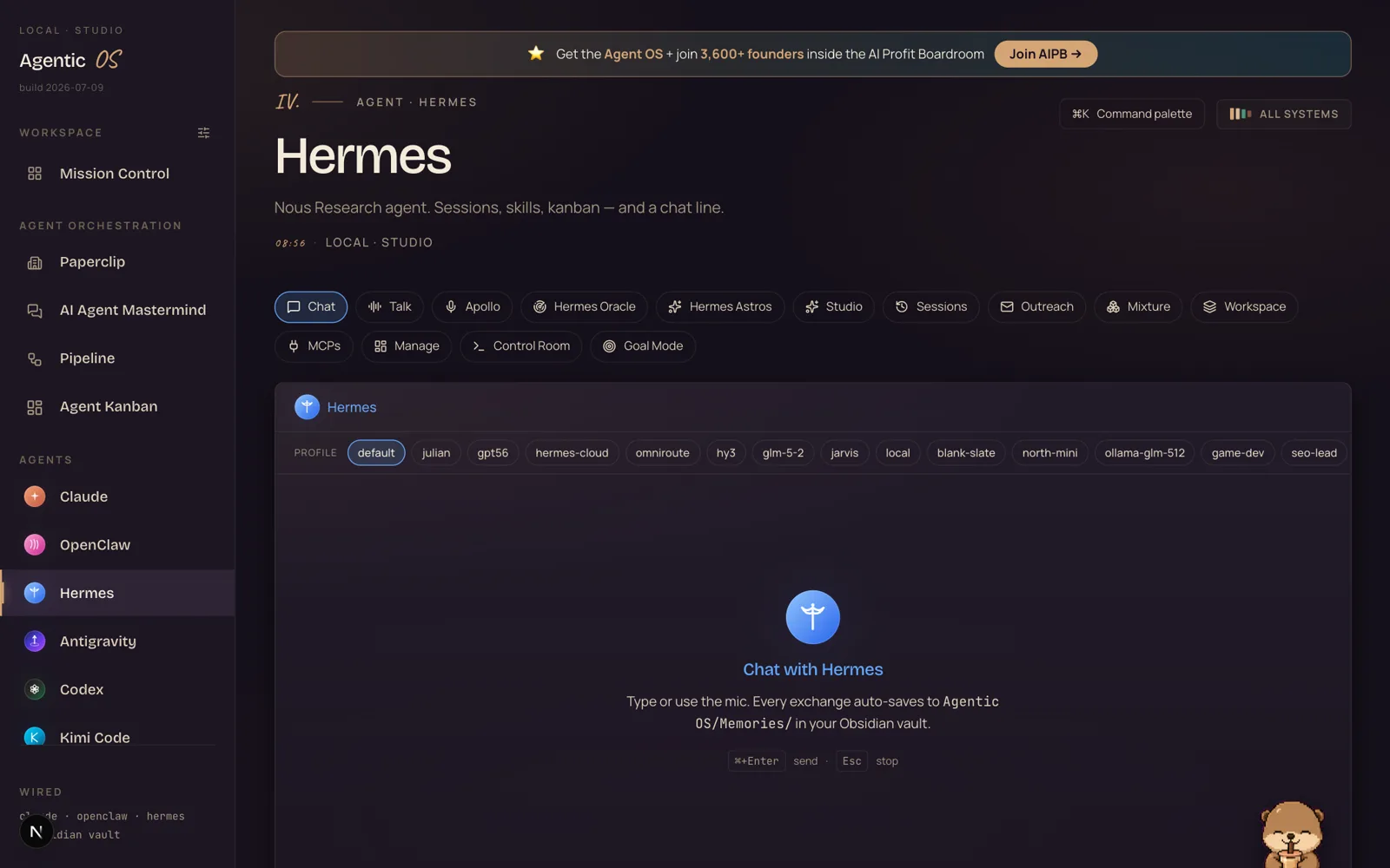 The Agent OS Hermes tab with profile chips including the new gpt56 profile alongside default, julian, omniroute and others