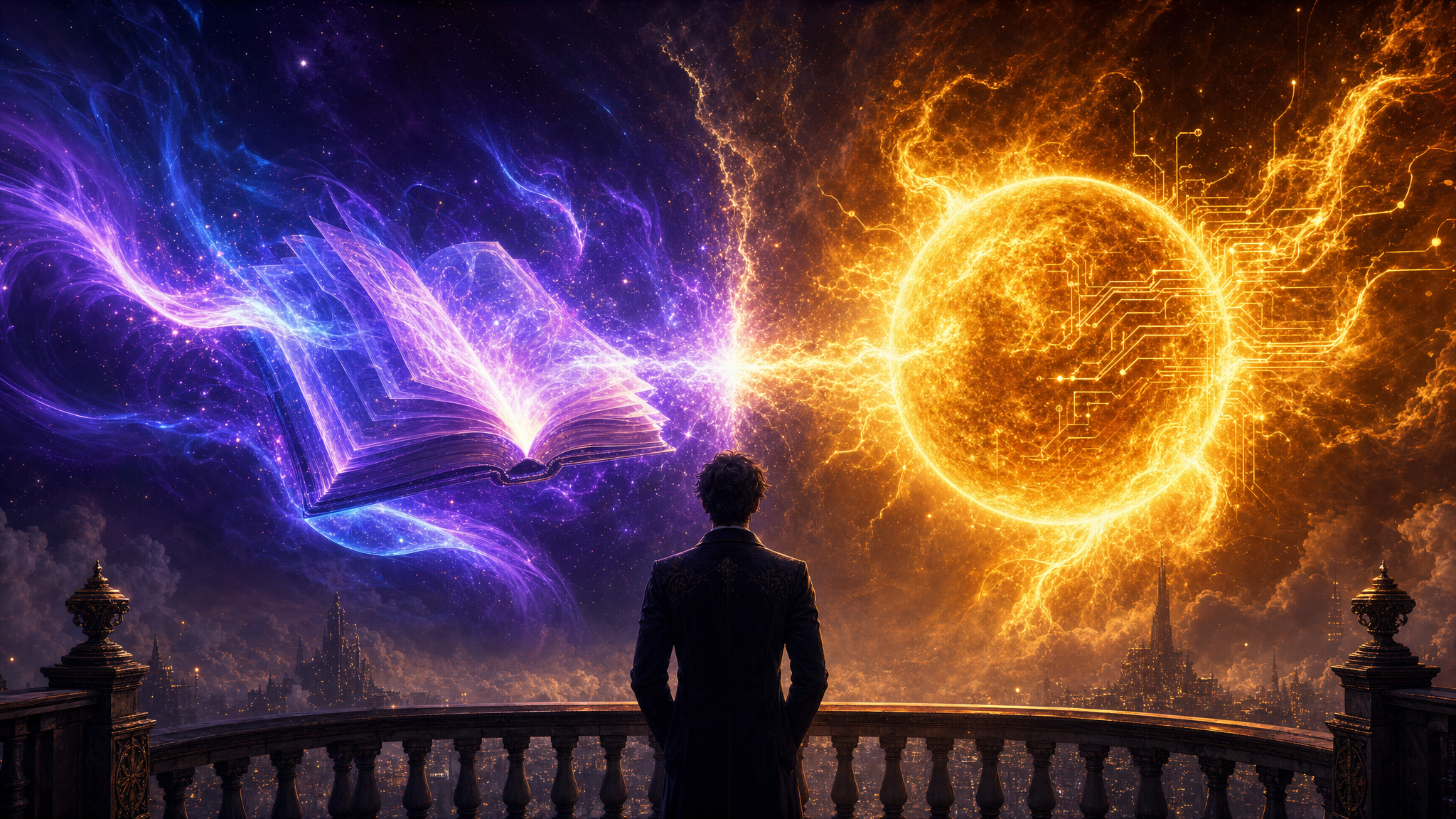 A duel between a blazing golden sun (GPT-5.6 Sol) on the right and a luminous violet storybook of aurora light (Claude Fable 5) on the left, their light colliding in sparks over an operator watching from a balcony