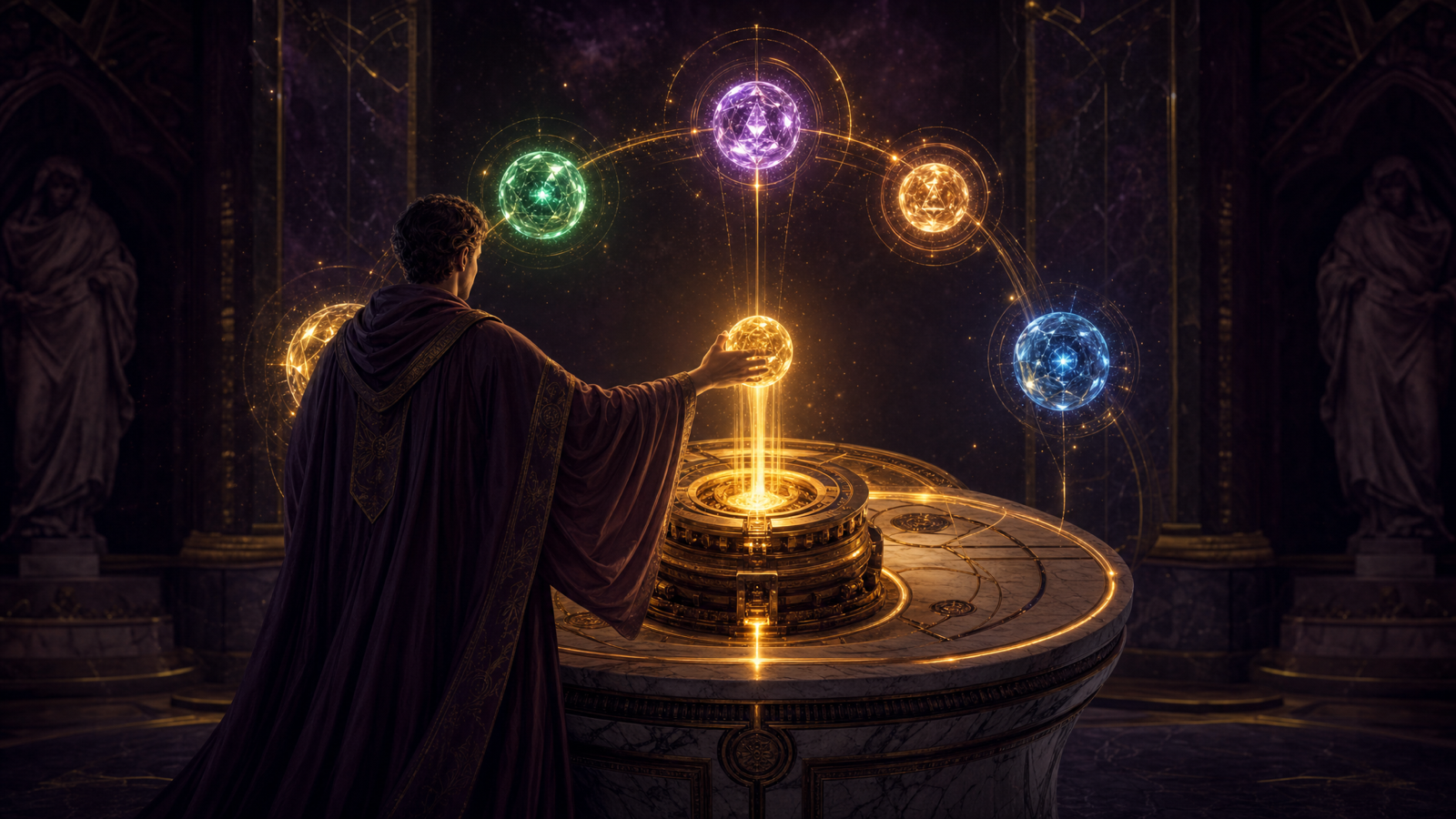 A robed operator fully clothed in a long flowing chiton stands at a glowing central engine socket on a marble console; several luminous model-cores of different colours float in an arc around it and one is being slotted into the engine — any model plugs into one unchanging system