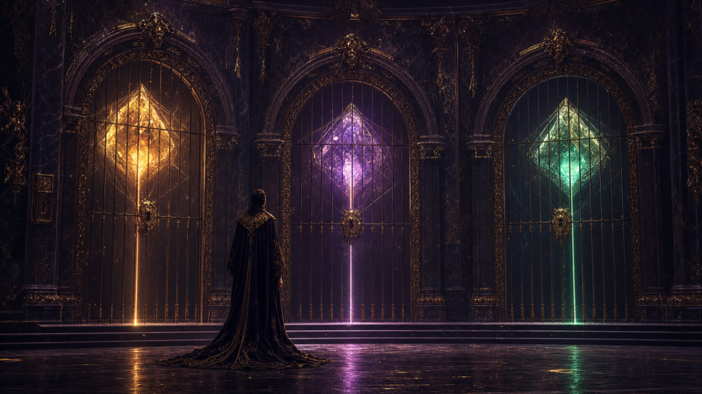 Three glowing crystalline model-cores of different colours sealed behind three tall ornate locked gates in a dark marble hall, a robed figure fully clothed in a long flowing robe standing before them looking up at powerful things locked just out of reach