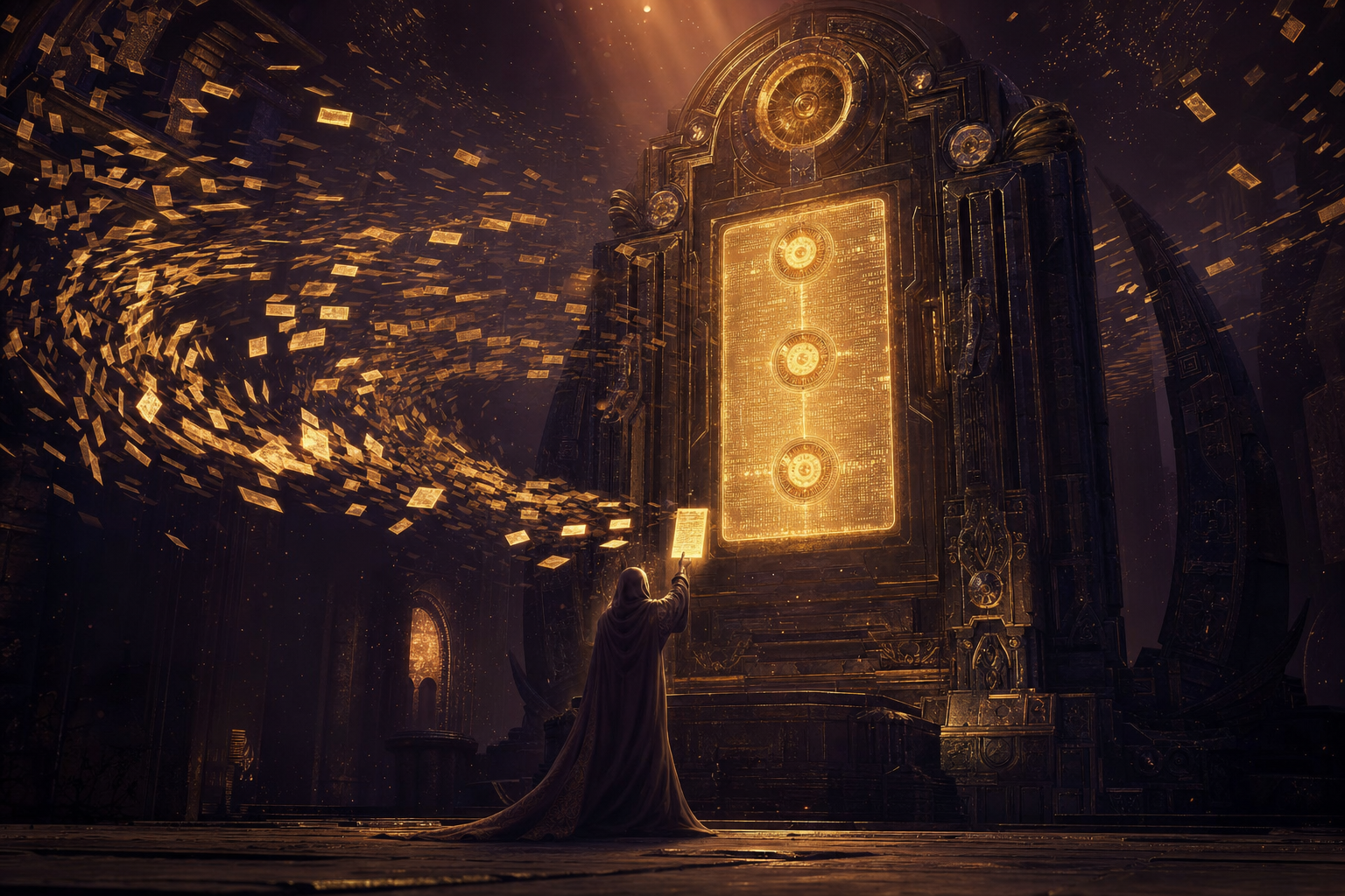 A robed engineer, fully clothed in a long flowing hooded robe, holds up one glowing golden page as thousands of luminous web pages stream into a colossal bronze answer engine with three gold citation seals blazing on its tablet