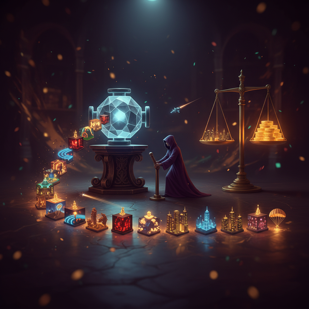 A robed engineer fully clothed in a long hooded cloak pulling a bronze lever on a glowing crystal engine, with small glowing game worlds spilling across the floor and a golden balance scale weighing them