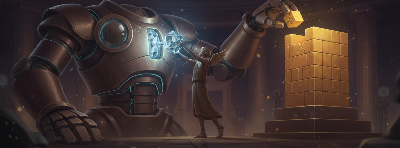 A bronze winged messenger fully clothed in a long chiton hands a glowing crystal core to a giant bronze machine that is stacking a glowing golden tower