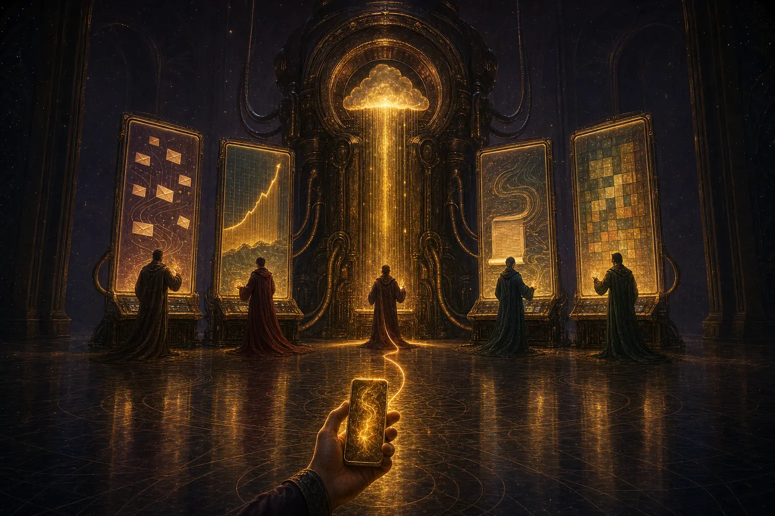 Five robed figures, each fully clothed in long flowing floor-length robes, working at five glowing screens around one great cloud machine, with a hand holding a phone connected to it by a thread of golden light