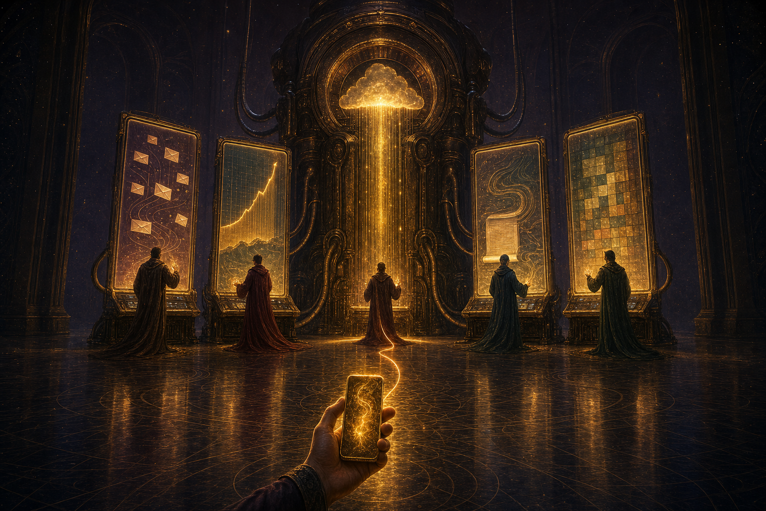 Five robed figures, each fully clothed in long flowing floor-length robes, working at five glowing screens around one great cloud machine, with a hand holding a phone connected to it by a thread of golden light.