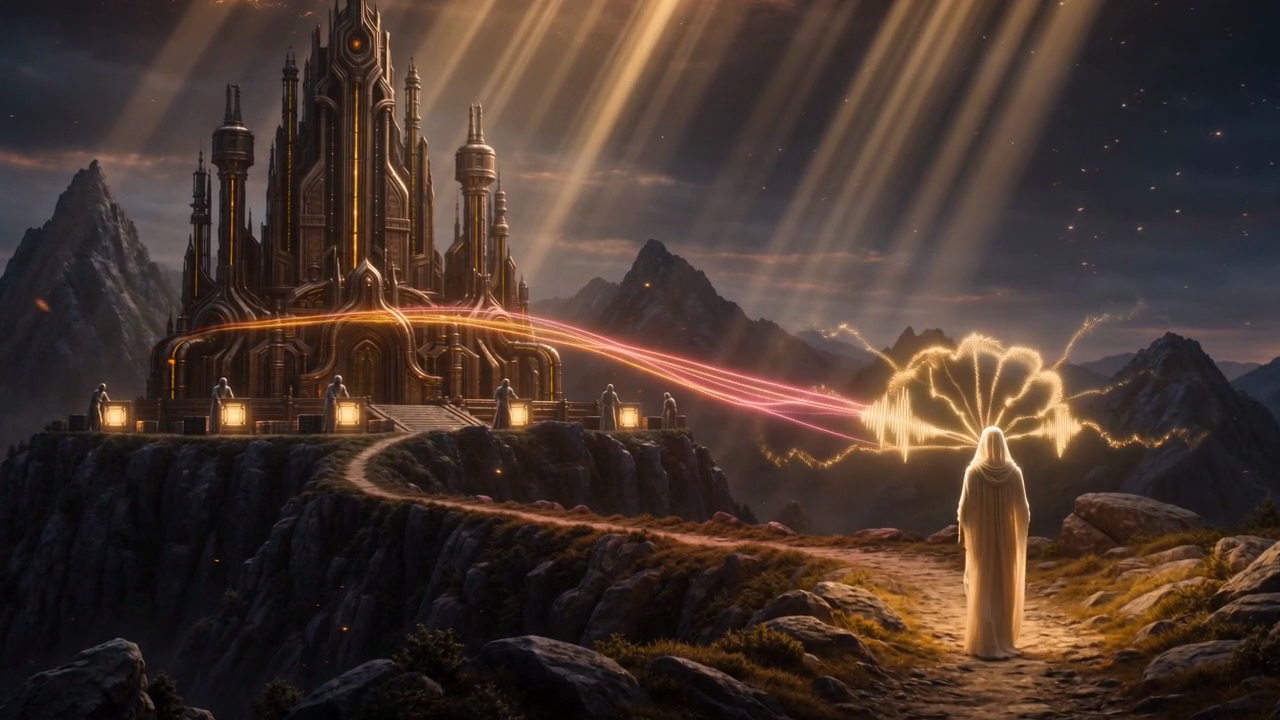 A fully robed operator on a ridge path receiving glowing voice-note messengers from a golden citadel