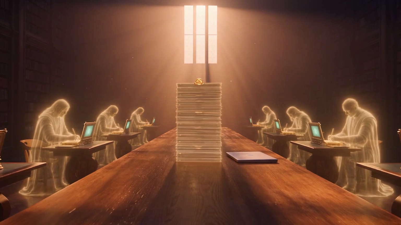 A dark study at night where glowing ghost teammates in long flowing robes, fully clothed, work at their own small computers while the human is away, leaving a stack of finished work sealed in gold