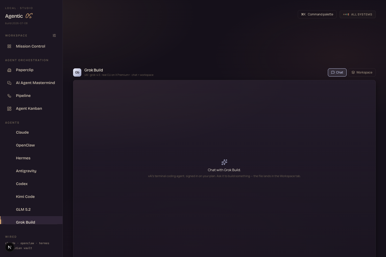 Grok 4.5 running as the Grok Build agent inside the Agent OS